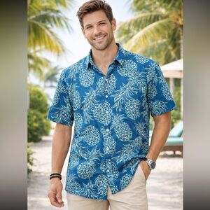 Simply Southern Hawaiian Shirt Mens XL Pineapples Resort Blue Short Sleeve
